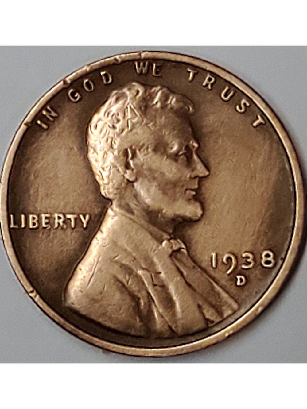 1938-D 1¢ LINCOLN WHEAT CENT COIN, LOW MINTAGE, WWII-ERA PENNY, LINES!